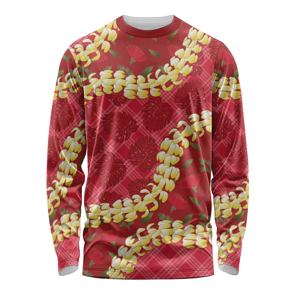 Red Palaka Hawaii Mele Kalikimaka Long Sleeve Shirt Ohia Lehua Monstera Puakenikeni Lei - Polynesian Pride