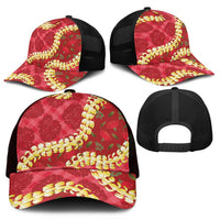 Red Palaka Hawaii Mele Kalikimaka Mesh Trucker Cap Ohia Lehua Monstera Puakenikeni Lei - Polynesian Pride