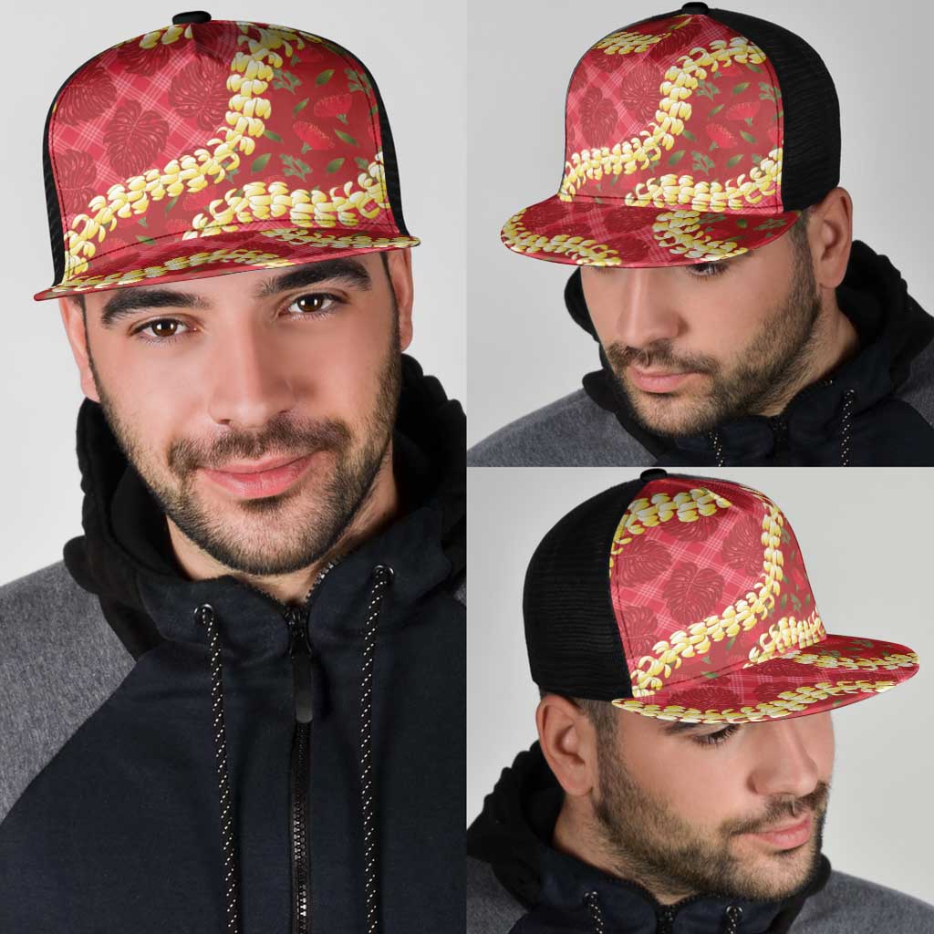 Red Palaka Hawaii Mele Kalikimaka Mesh Trucker Cap Ohia Lehua Monstera Puakenikeni Lei - Polynesian Pride