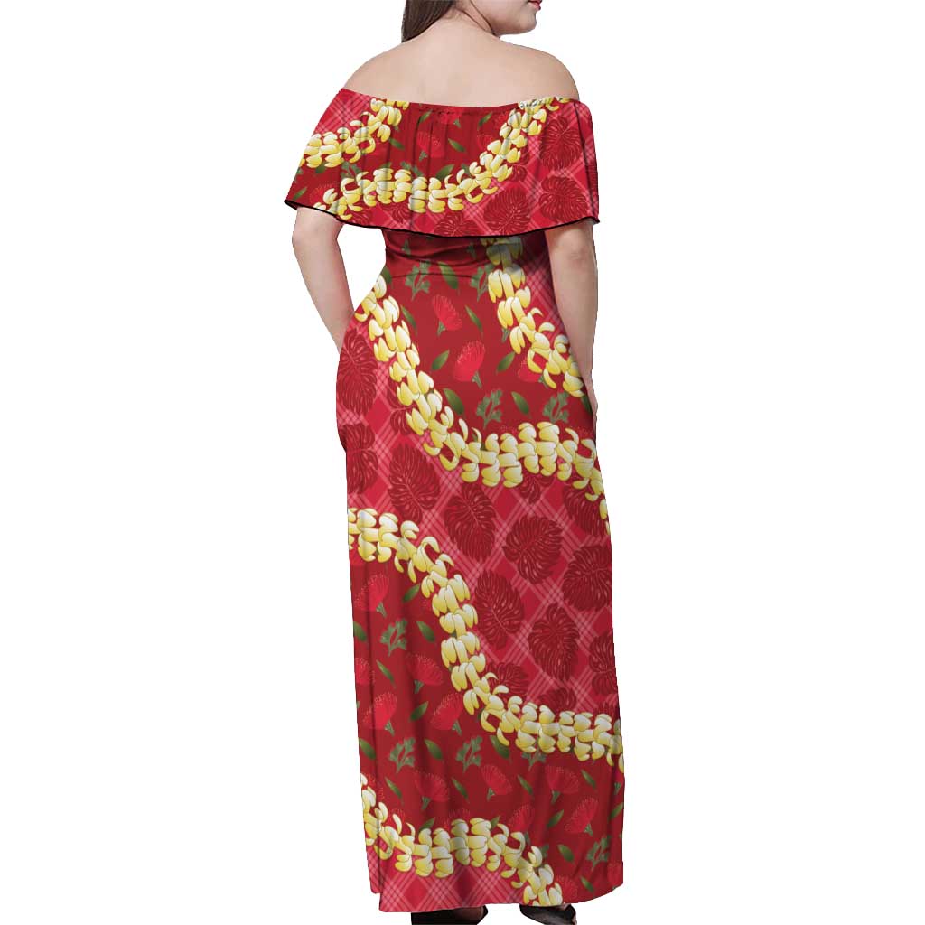 Red Palaka Hawaii Mele Kalikimaka Off Shoulder Maxi Dress Ohia Lehua Monstera Puakenikeni Lei - Polynesian Pride