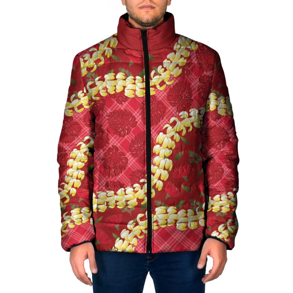 Red Palaka Hawaii Mele Kalikimaka Padded Jacket Ohia Lehua Monstera Puakenikeni Lei - Polynesian Pride