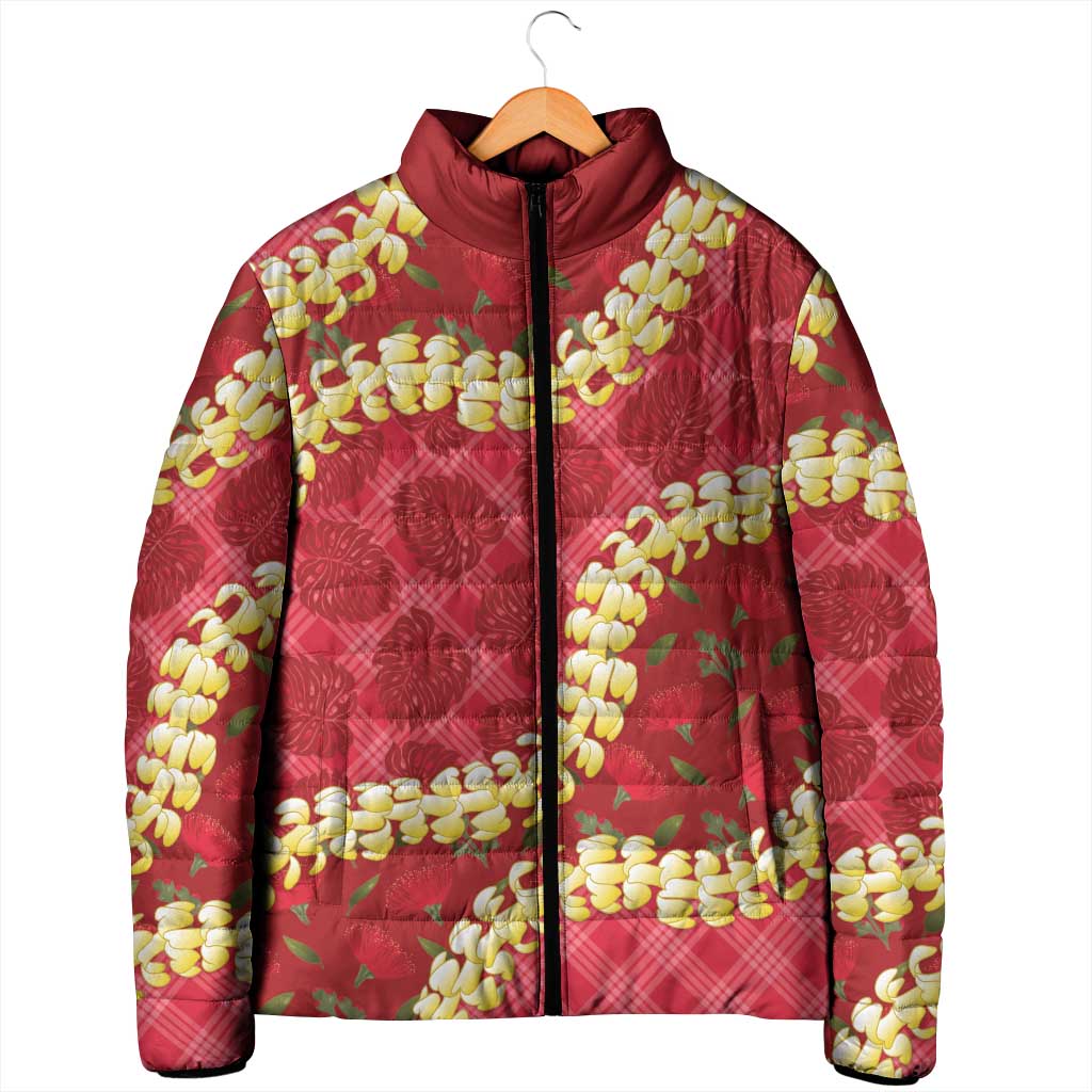 Red Palaka Hawaii Mele Kalikimaka Padded Jacket Ohia Lehua Monstera Puakenikeni Lei LT14 - Polynesian Pride