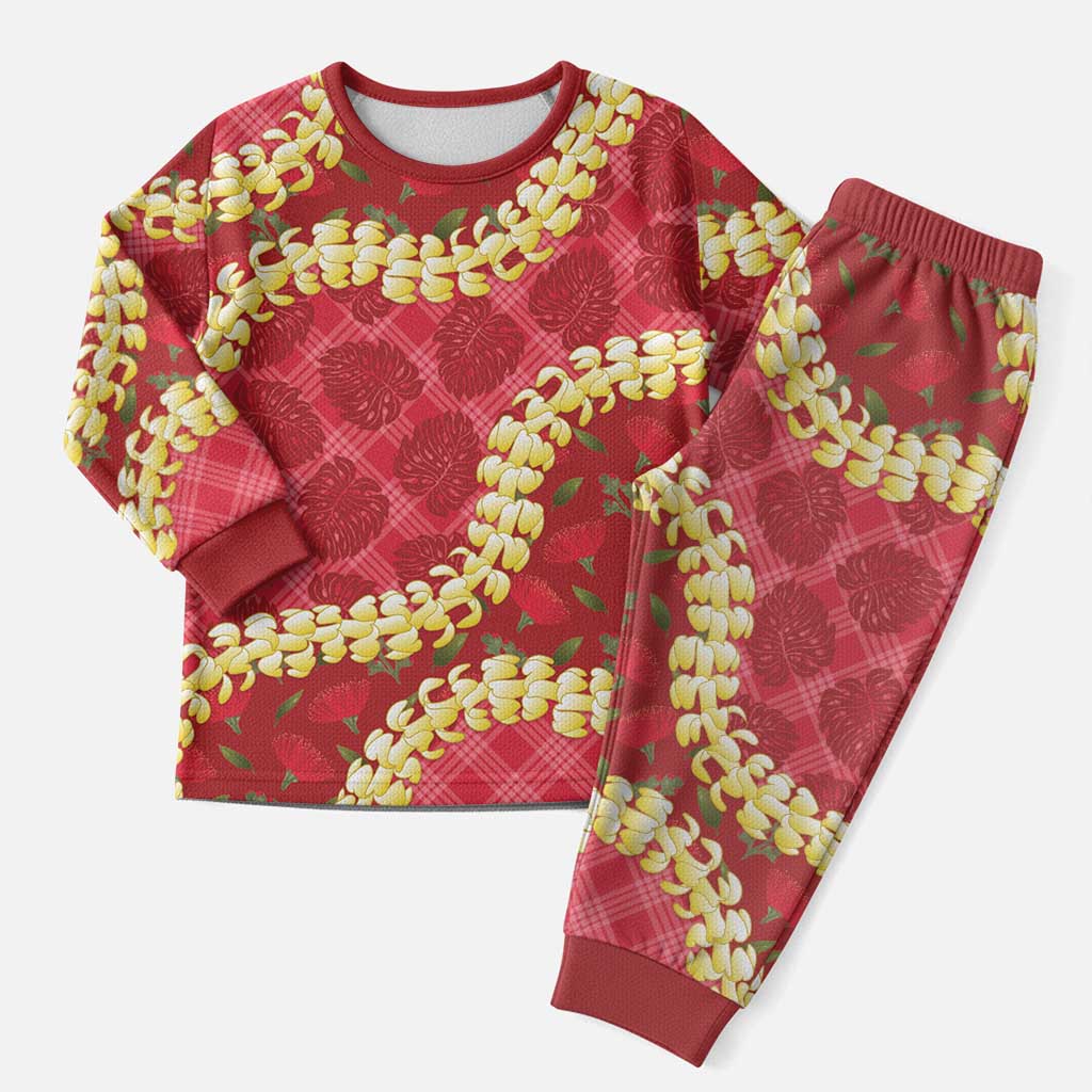 Red Palaka Hawaii Mele Kalikimaka Christmas Pajama Set Ohia Lehua Monstera Puakenikeni Lei - Polynesian Pride