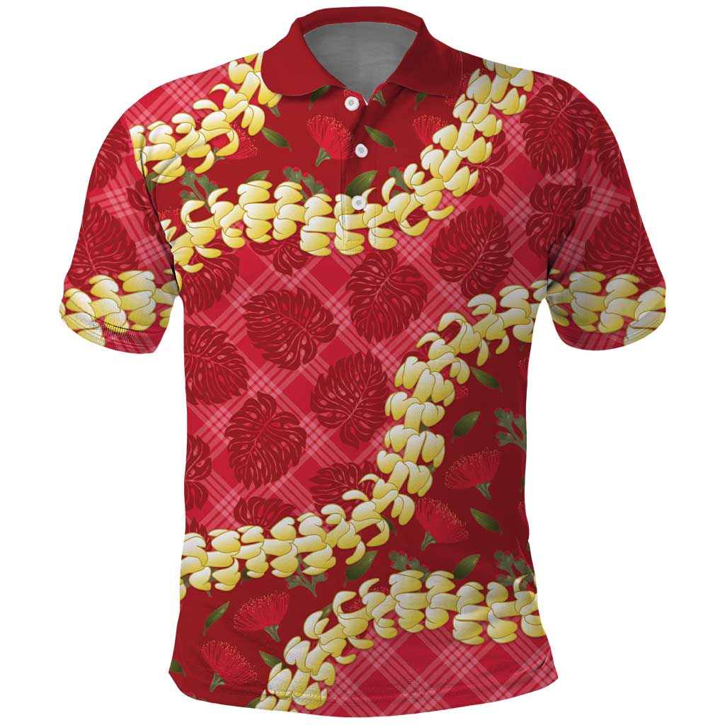 Red Palaka Hawaii Mele Kalikimaka Polo Shirt Ohia Lehua Monstera Puakenikeni Lei - Polynesian Pride