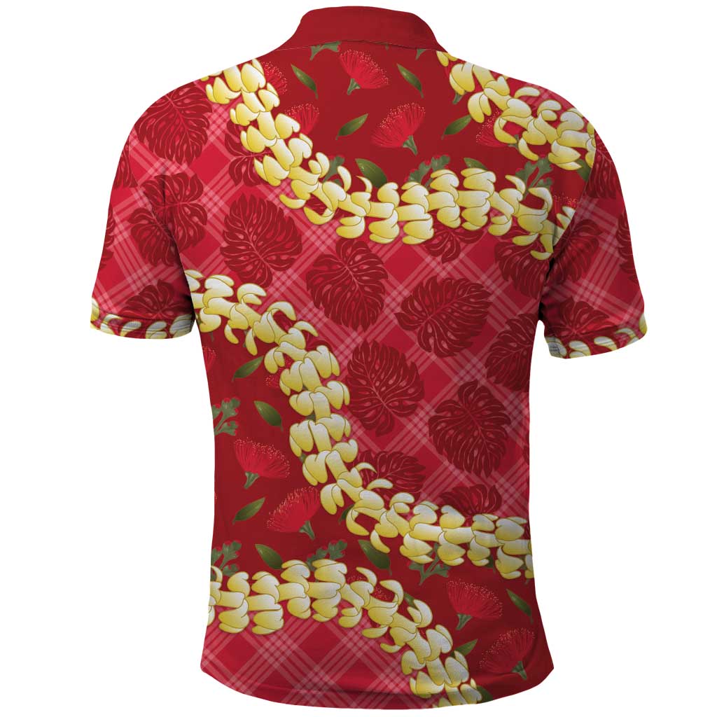 Red Palaka Hawaii Mele Kalikimaka Polo Shirt Ohia Lehua Monstera Puakenikeni Lei - Polynesian Pride