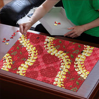 Red Palaka Hawaii Mele Kalikimaka Puzzle Ohia Lehua Monstera Puakenikeni Lei LT14 - Polynesian Pride