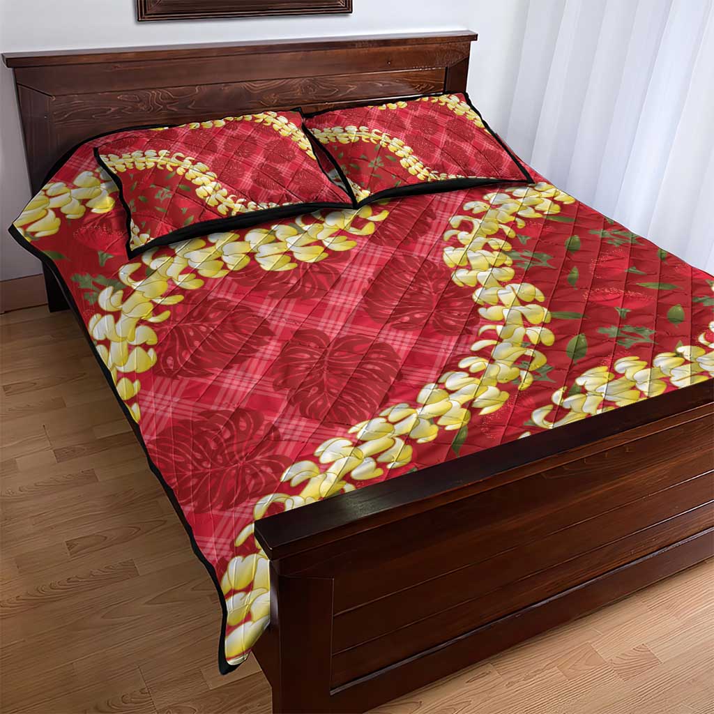 Red Palaka Hawaii Mele Kalikimaka Quilt Bed Set Ohia Lehua Monstera Puakenikeni Lei - Polynesian Pride