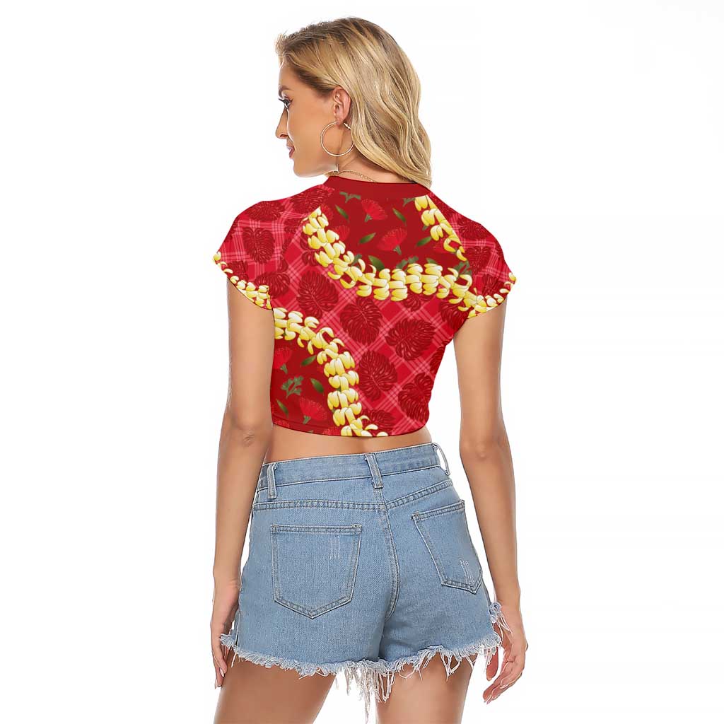 Red Palaka Hawaii Mele Kalikimaka Raglan Cropped T Shirt Ohia Lehua Monstera Puakenikeni Lei - Polynesian Pride