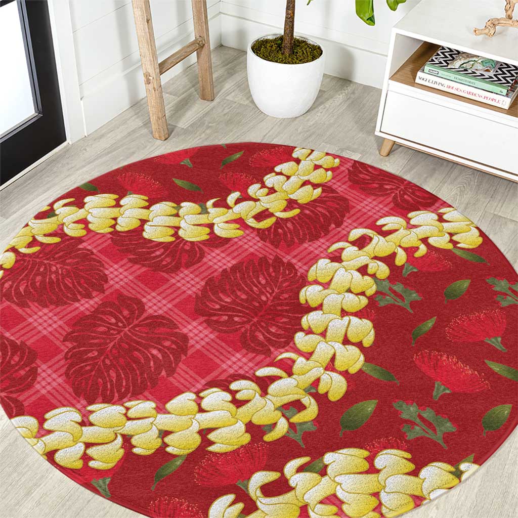 Red Palaka Hawaii Mele Kalikimaka Round Carpet Ohia Lehua Monstera Puakenikeni Lei LT14 Red - Polynesian Pride