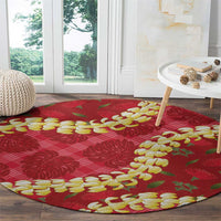 Red Palaka Hawaii Mele Kalikimaka Round Carpet Ohia Lehua Monstera Puakenikeni Lei LT14 - Polynesian Pride