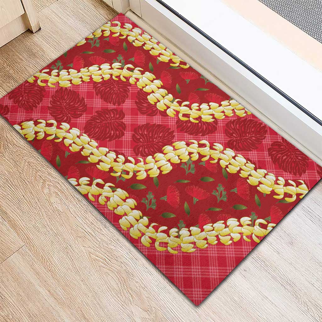 Red Palaka Hawaii Mele Kalikimaka Rubber Doormat Ohia Lehua Monstera Puakenikeni Lei LT14 - Polynesian Pride