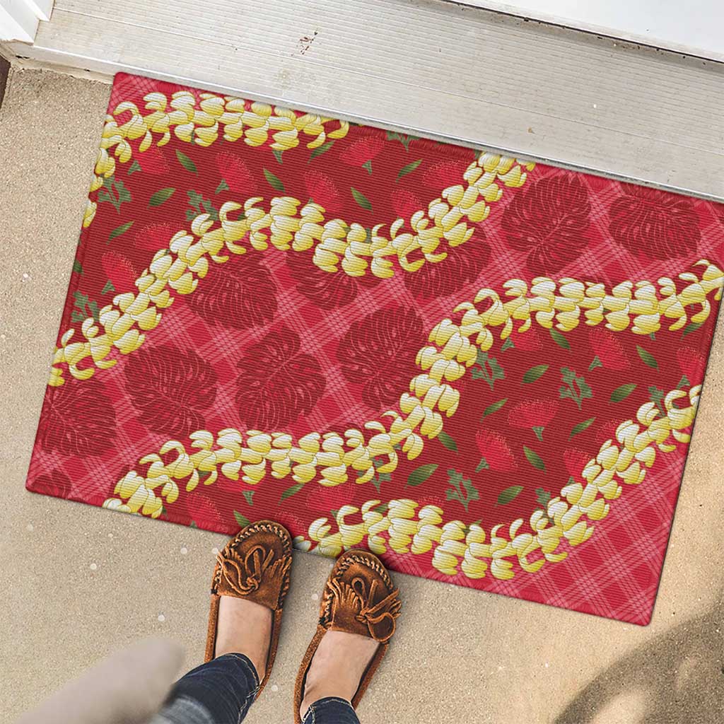 Red Palaka Hawaii Mele Kalikimaka Rubber Doormat Ohia Lehua Monstera Puakenikeni Lei LT14 - Polynesian Pride