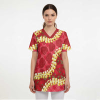 Red Palaka Hawaii Mele Kalikimaka Scrub Top Ohia Lehua Monstera Puakenikeni Lei - Polynesian Pride