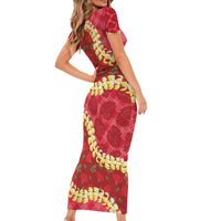 Red Palaka Hawaii Mele Kalikimaka Short Sleeve Bodycon Dress Ohia Lehua Monstera Puakenikeni Lei - Polynesian Pride
