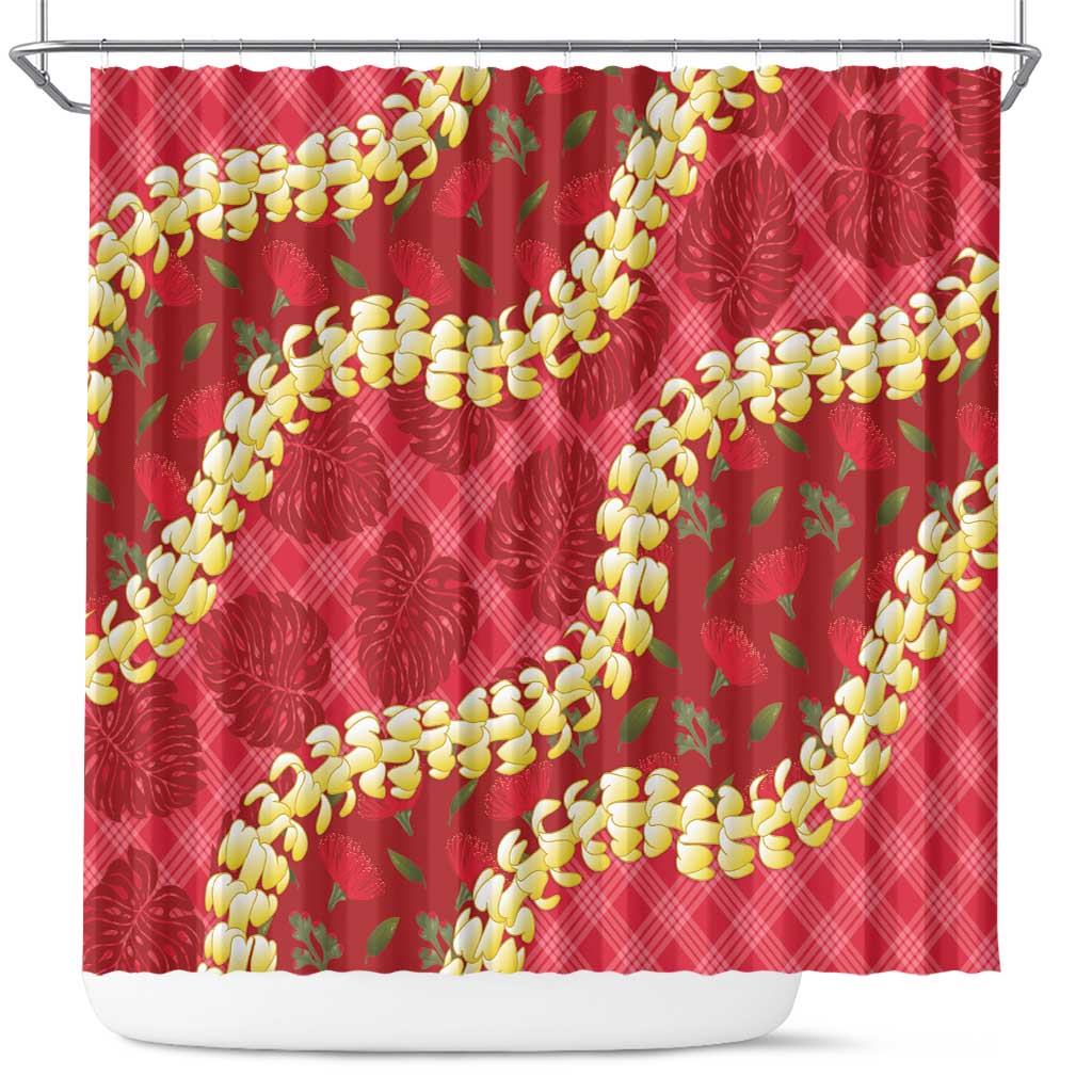 Red Palaka Hawaii Mele Kalikimaka Shower Curtain Ohia Lehua Monstera Puakenikeni Lei LT14 Red - Polynesian Pride