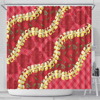 Red Palaka Hawaii Mele Kalikimaka Shower Curtain Ohia Lehua Monstera Puakenikeni Lei LT14 - Polynesian Pride