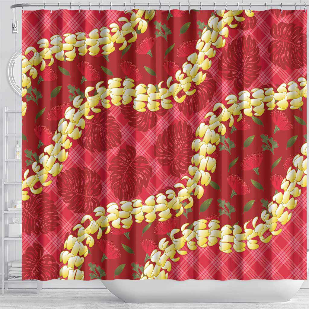 Red Palaka Hawaii Mele Kalikimaka Shower Curtain Ohia Lehua Monstera Puakenikeni Lei LT14 - Polynesian Pride