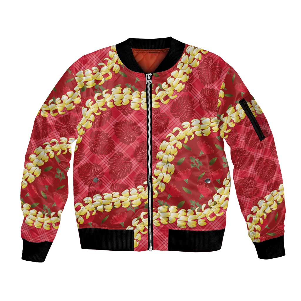 Red Palaka Hawaii Mele Kalikimaka Sleeve Zip Bomber Jacket Ohia Lehua Monstera Puakenikeni Lei LT14 Unisex Red - Polynesian Pride