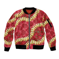 Red Palaka Hawaii Mele Kalikimaka Sleeve Zip Bomber Jacket Ohia Lehua Monstera Puakenikeni Lei LT14 Unisex Red - Polynesian Pride