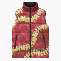 Red Palaka Hawaii Mele Kalikimaka Sleeveless Puffer Jacket Ohia Lehua Monstera Puakenikeni Lei LT14 Unisex Red - Polynesian Pride