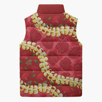 Red Palaka Hawaii Mele Kalikimaka Sleeveless Puffer Jacket Ohia Lehua Monstera Puakenikeni Lei LT14 - Polynesian Pride