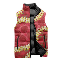 Red Palaka Hawaii Mele Kalikimaka Sleeveless Puffer Jacket Ohia Lehua Monstera Puakenikeni Lei LT14 - Polynesian Pride
