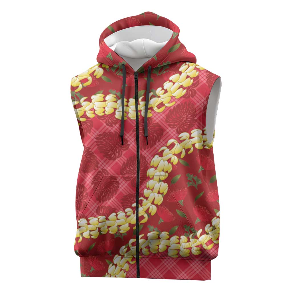 Red Palaka Hawaii Mele Kalikimaka Sleeveless Zip Hoodie Ohia Lehua Monstera Puakenikeni Lei - Polynesian Pride