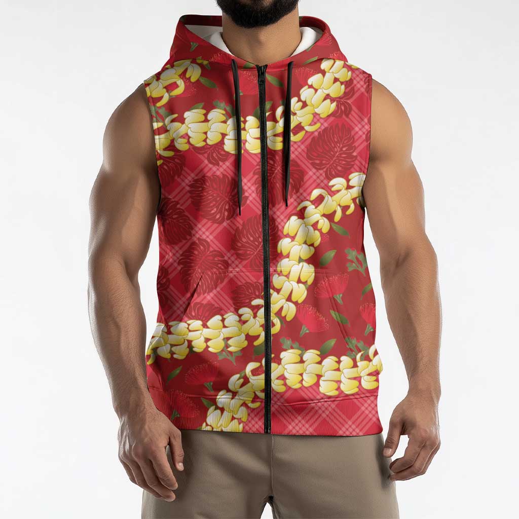 Red Palaka Hawaii Mele Kalikimaka Sleeveless Zip Hoodie Ohia Lehua Monstera Puakenikeni Lei - Polynesian Pride