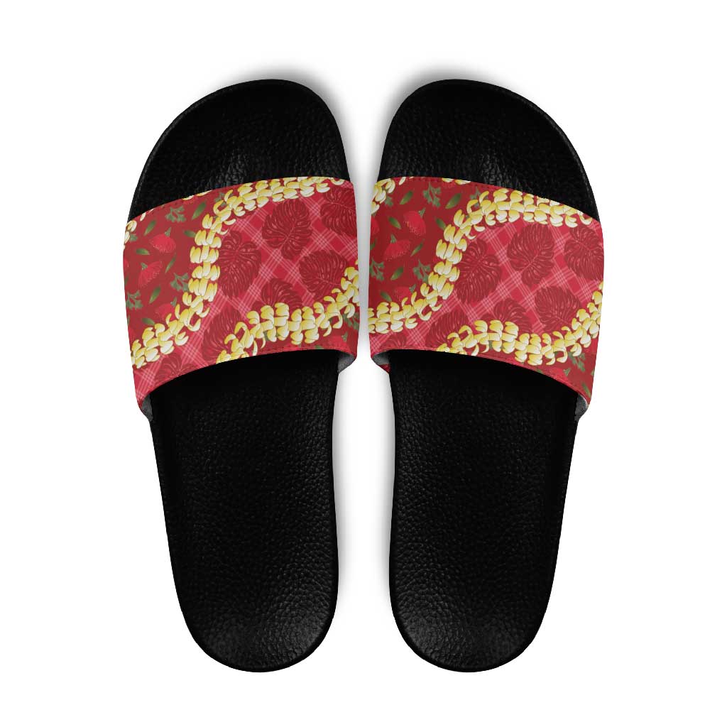 Red Palaka Hawaii Mele Kalikimaka Slide Sandals Ohia Lehua Monstera Puakenikeni Lei - Polynesian Pride