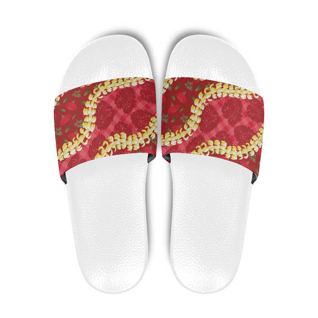 Red Palaka Hawaii Mele Kalikimaka Slide Sandals Ohia Lehua Monstera Puakenikeni Lei LT14 Red - Polynesian Pride