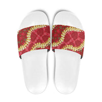 Red Palaka Hawaii Mele Kalikimaka Slide Sandals Ohia Lehua Monstera Puakenikeni Lei LT14 Red - Polynesian Pride
