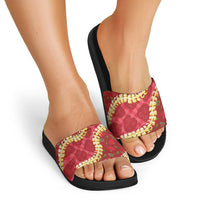 Red Palaka Hawaii Mele Kalikimaka Slide Sandals Ohia Lehua Monstera Puakenikeni Lei LT14 - Polynesian Pride