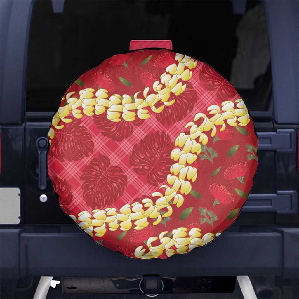 Red Palaka Hawaii Mele Kalikimaka Spare Tire Cover Ohia Lehua Monstera Puakenikeni Lei - Polynesian Pride