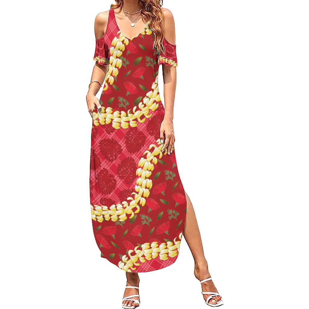 Red Palaka Hawaii Mele Kalikimaka Summer Maxi Dress Ohia Lehua Monstera Puakenikeni Lei - Polynesian Pride