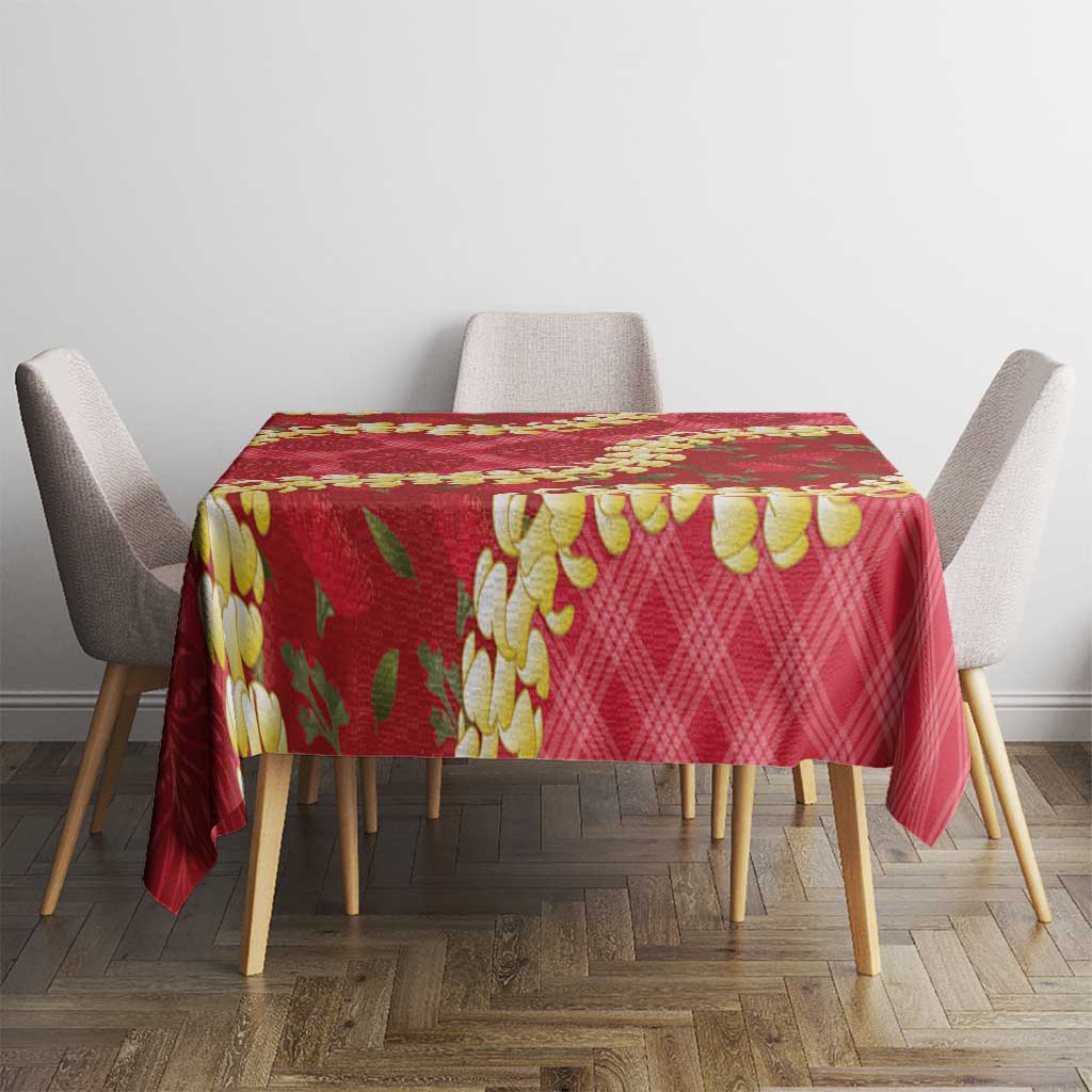 Red Palaka Hawaii Mele Kalikimaka Tablecloth Ohia Lehua Monstera Puakenikeni Lei LT14 - Polynesian Pride