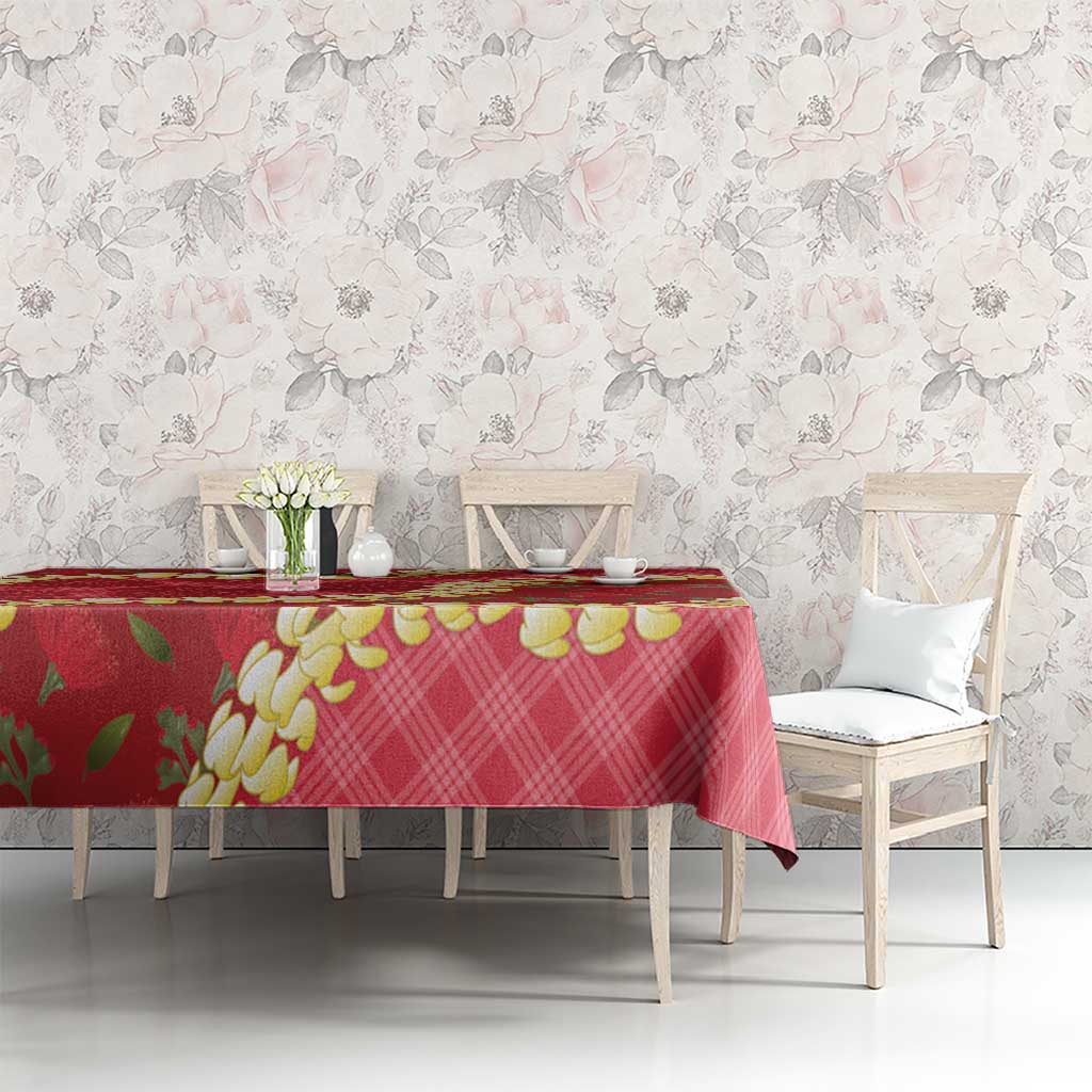 Red Palaka Hawaii Mele Kalikimaka Tablecloth Ohia Lehua Monstera Puakenikeni Lei LT14 - Polynesian Pride