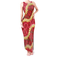 Red Palaka Hawaii Mele Kalikimaka Tank Maxi Dress Ohia Lehua Monstera Puakenikeni Lei - Polynesian Pride