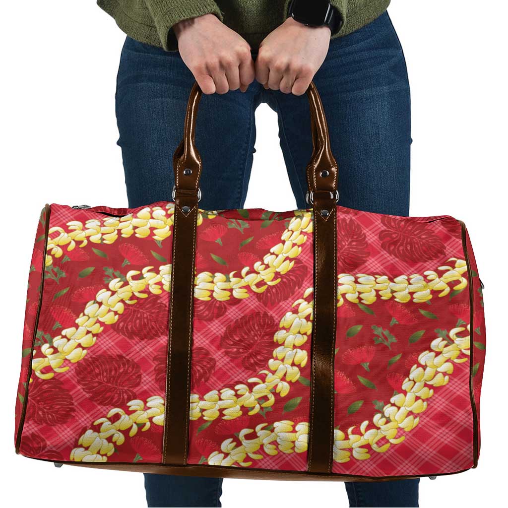 Red Palaka Hawaii Mele Kalikimaka Travel Bag Ohia Lehua Monstera Puakenikeni Lei - Polynesian Pride