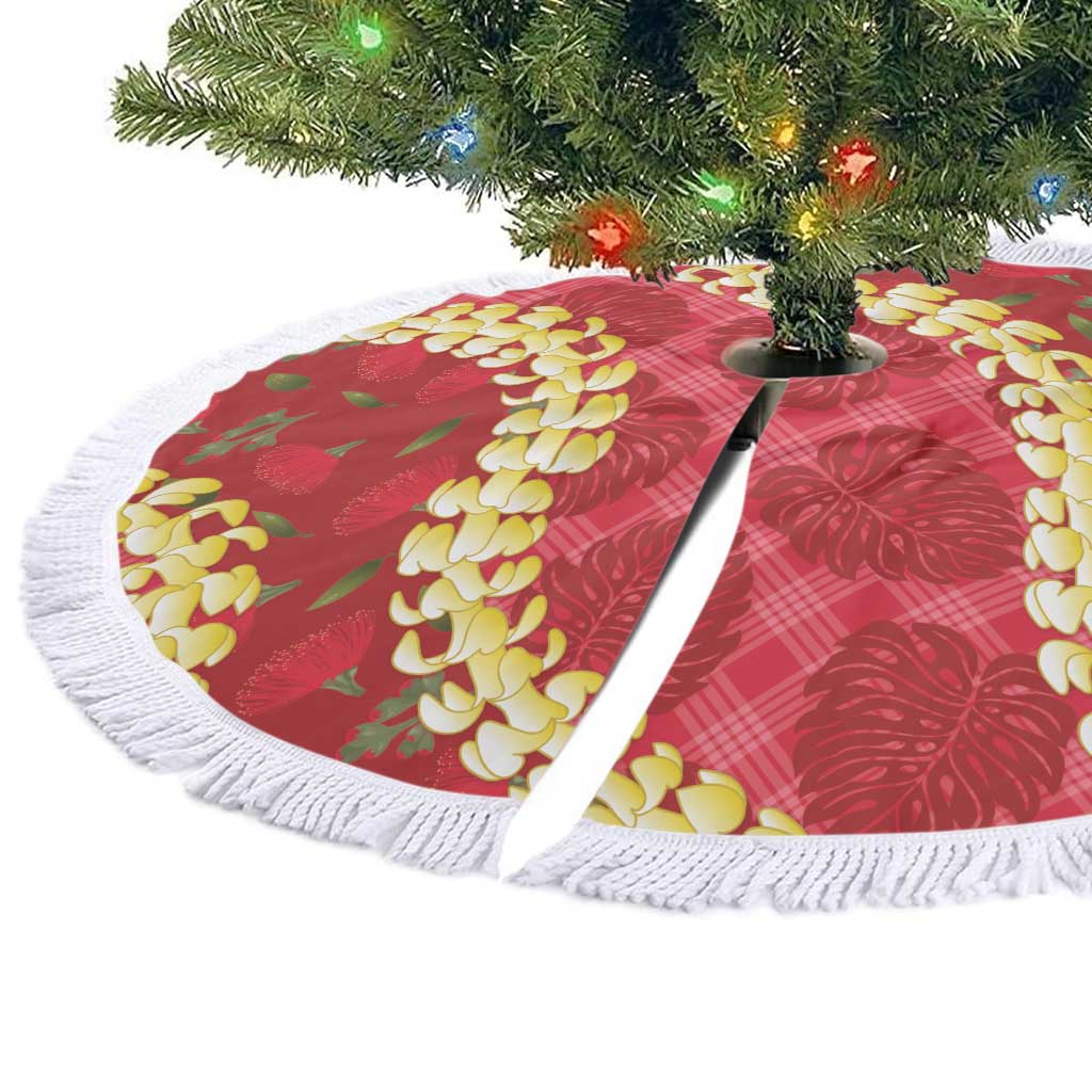 Red Palaka Hawaii Mele Kalikimaka Tree Skirt Ohia Lehua Monstera Puakenikeni Lei - Polynesian Pride