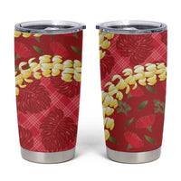 Red Palaka Hawaii Mele Kalikimaka Tumbler Cup Ohia Lehua Monstera Puakenikeni Lei - Polynesian Pride