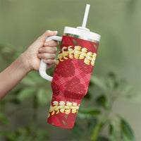 Red Palaka Hawaii Mele Kalikimaka Tumbler With Handle Ohia Lehua Monstera Puakenikeni Lei - Polynesian Pride