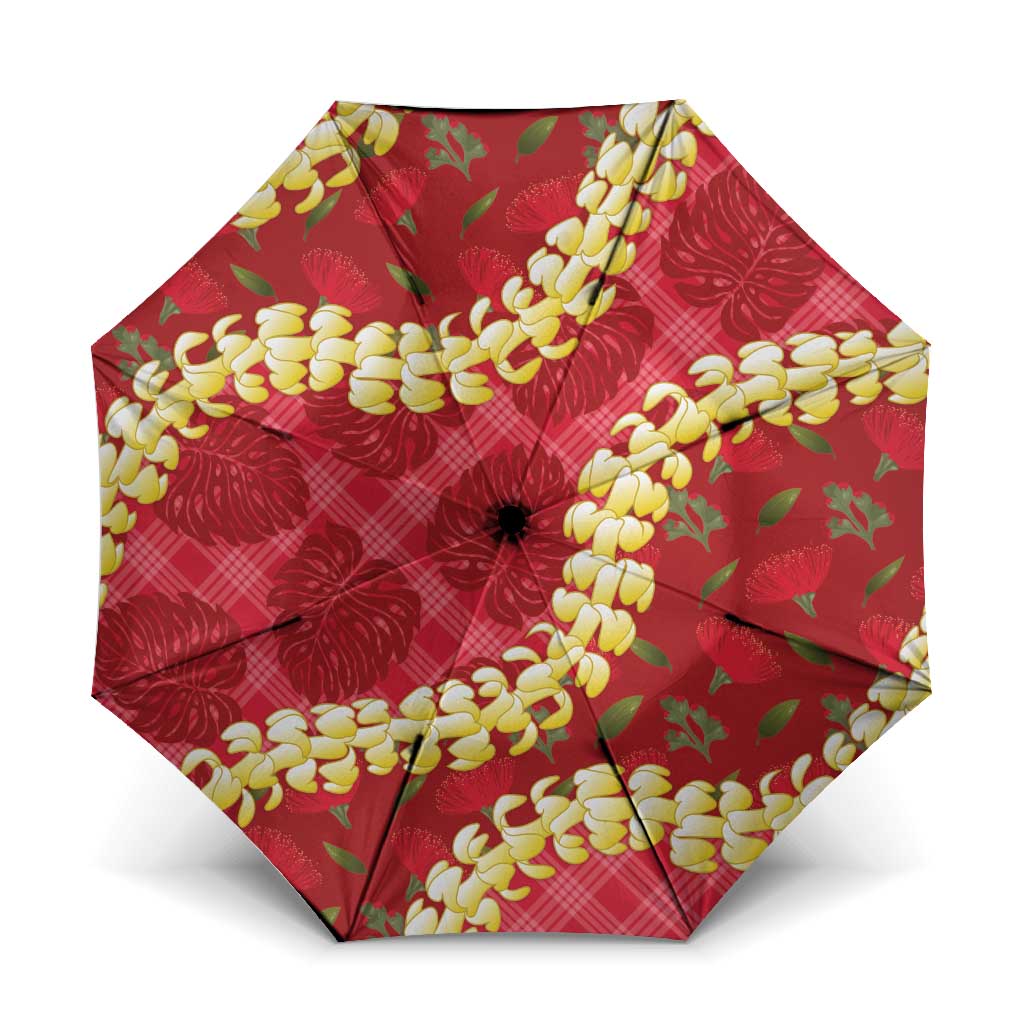 Red Palaka Hawaii Mele Kalikimaka Umbrella Ohia Lehua Monstera Puakenikeni Lei - Polynesian Pride