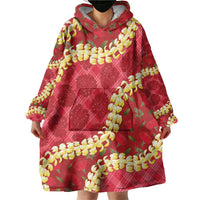 Red Palaka Hawaii Mele Kalikimaka Wearable Blanket Hoodie Ohia Lehua Monstera Puakenikeni Lei LT14 - Polynesian Pride