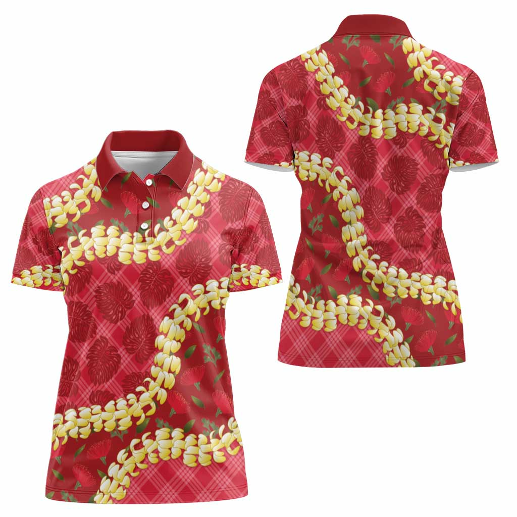Red Palaka Hawaii Mele Kalikimaka Women Polo Shirt Ohia Lehua Monstera Puakenikeni Lei - Polynesian Pride