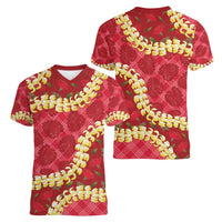 Red Palaka Hawaii Mele Kalikimaka Women V-Neck T-Shirt Ohia Lehua Monstera Puakenikeni Lei LT14 - Polynesian Pride
