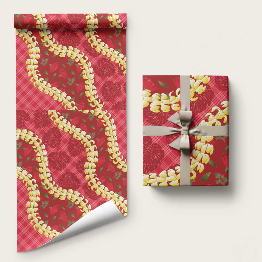 Red Palaka Hawaii Mele Kalikimaka Wrapping Paper Ohia Lehua Monstera Puakenikeni Lei - Polynesian Pride