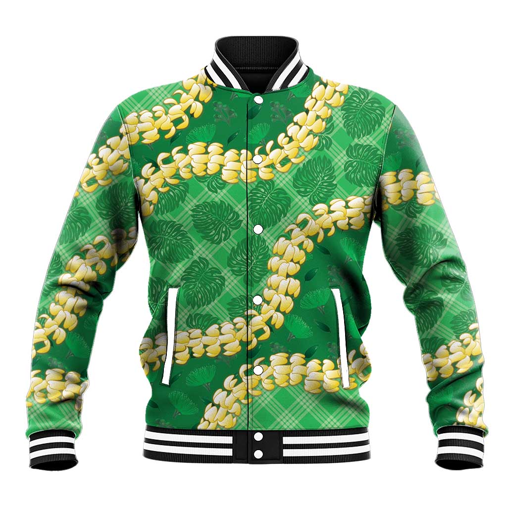 Green Palaka Hawaii Mele Kalikimaka Baseball Jacket Ohia Lehua Monstera Puakenikeni Lei LT14 Unisex Green - Polynesian Pride