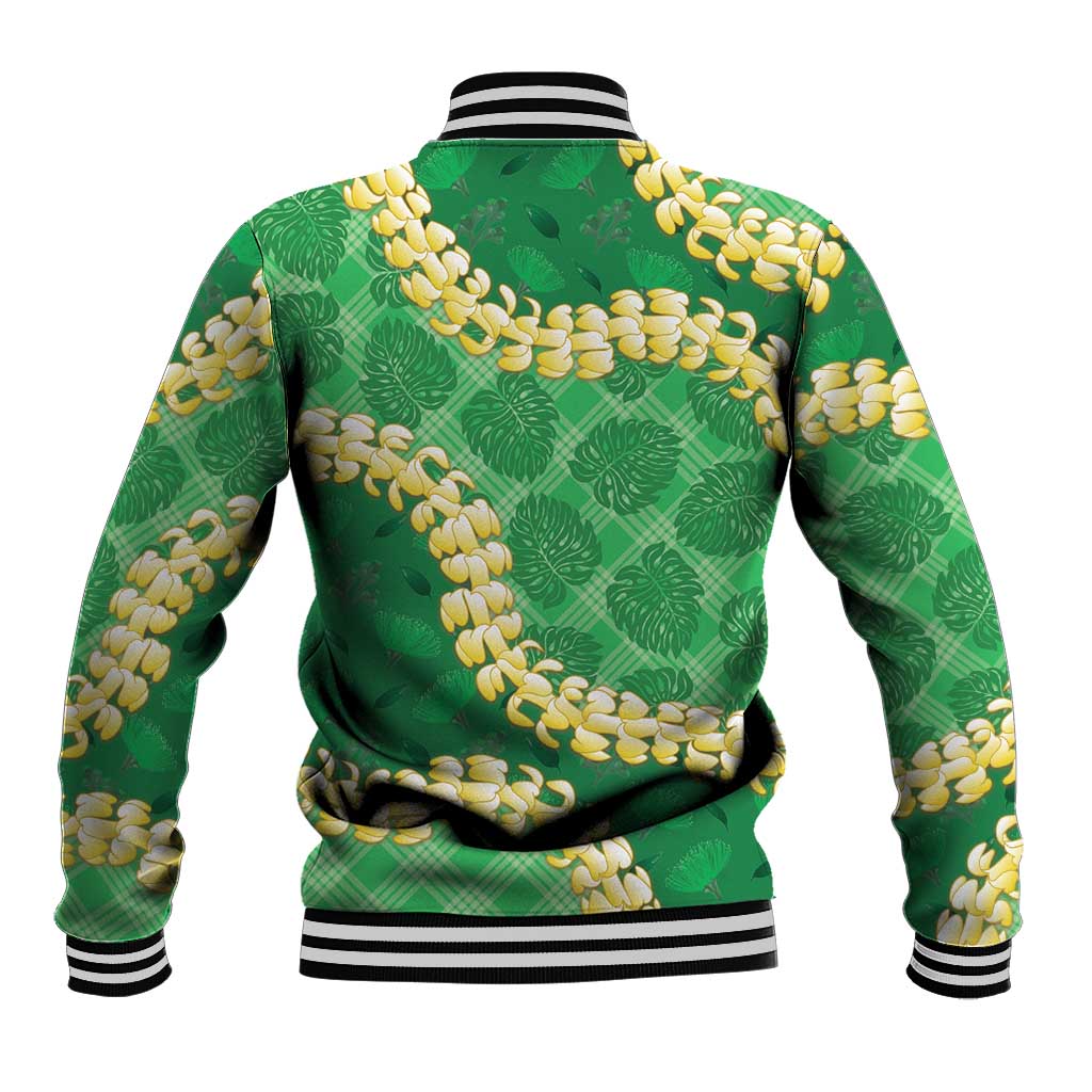 Green Palaka Hawaii Mele Kalikimaka Baseball Jacket Ohia Lehua Monstera Puakenikeni Lei LT14 - Polynesian Pride