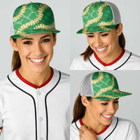 Green Palaka Hawaii Mele Kalikimaka Baseball Net Cap Ohia Lehua Monstera Puakenikeni Lei - Polynesian Pride