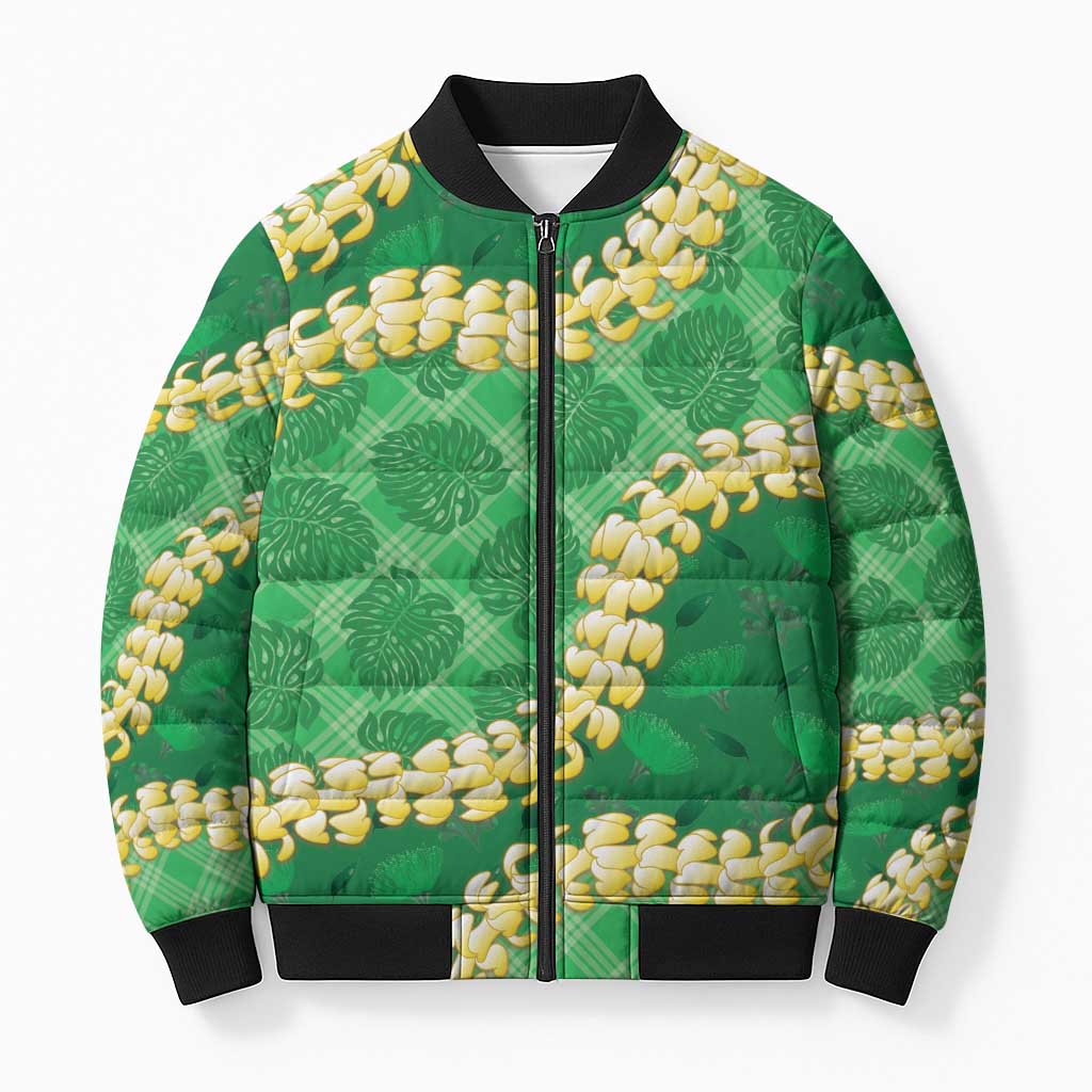 Green Palaka Hawaii Mele Kalikimaka Bomber Puffer Jacket Ohia Lehua Monstera Puakenikeni Lei LT14 Unisex Green - Polynesian Pride